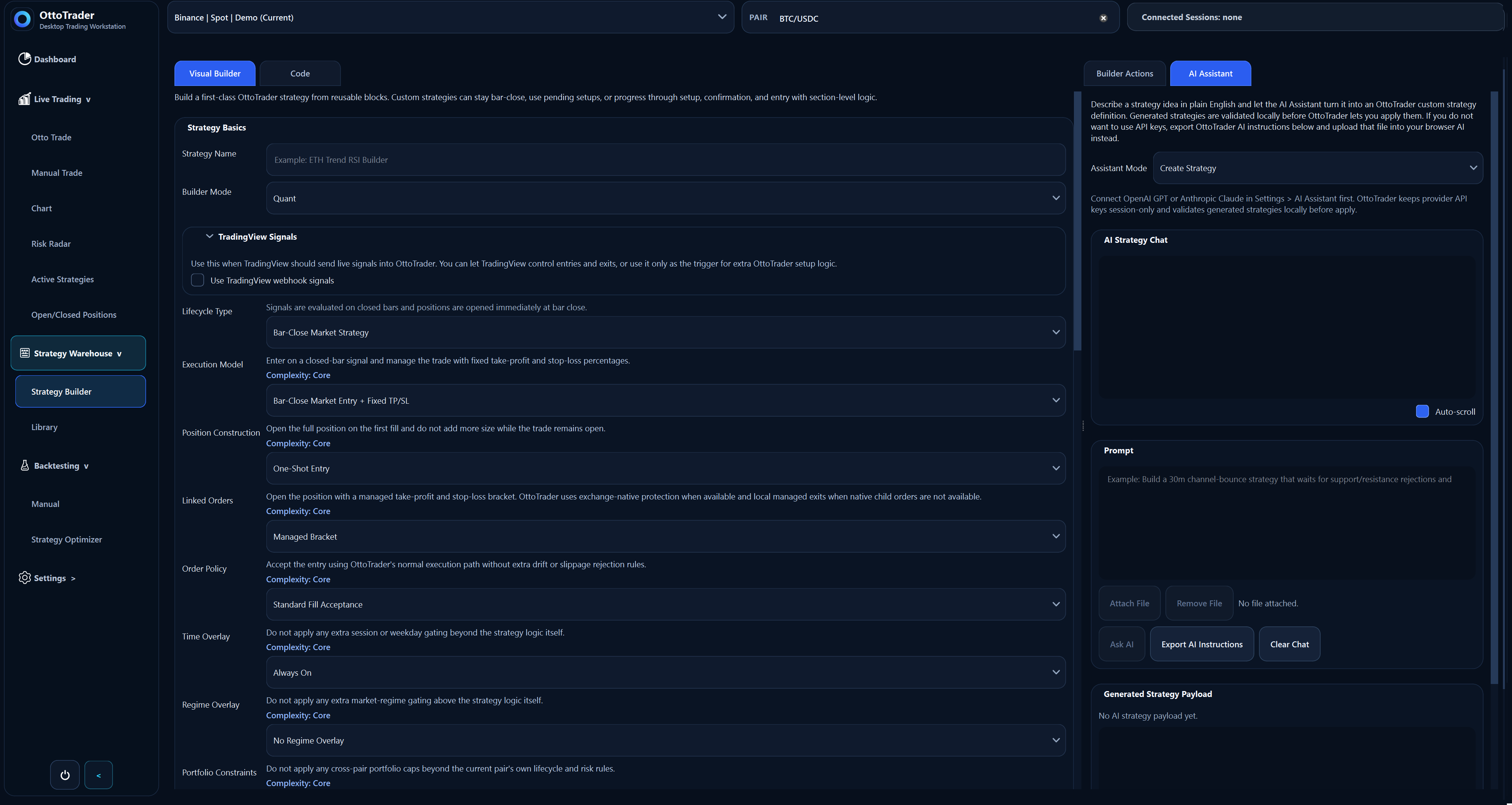 OttoTrader strategy builder screen