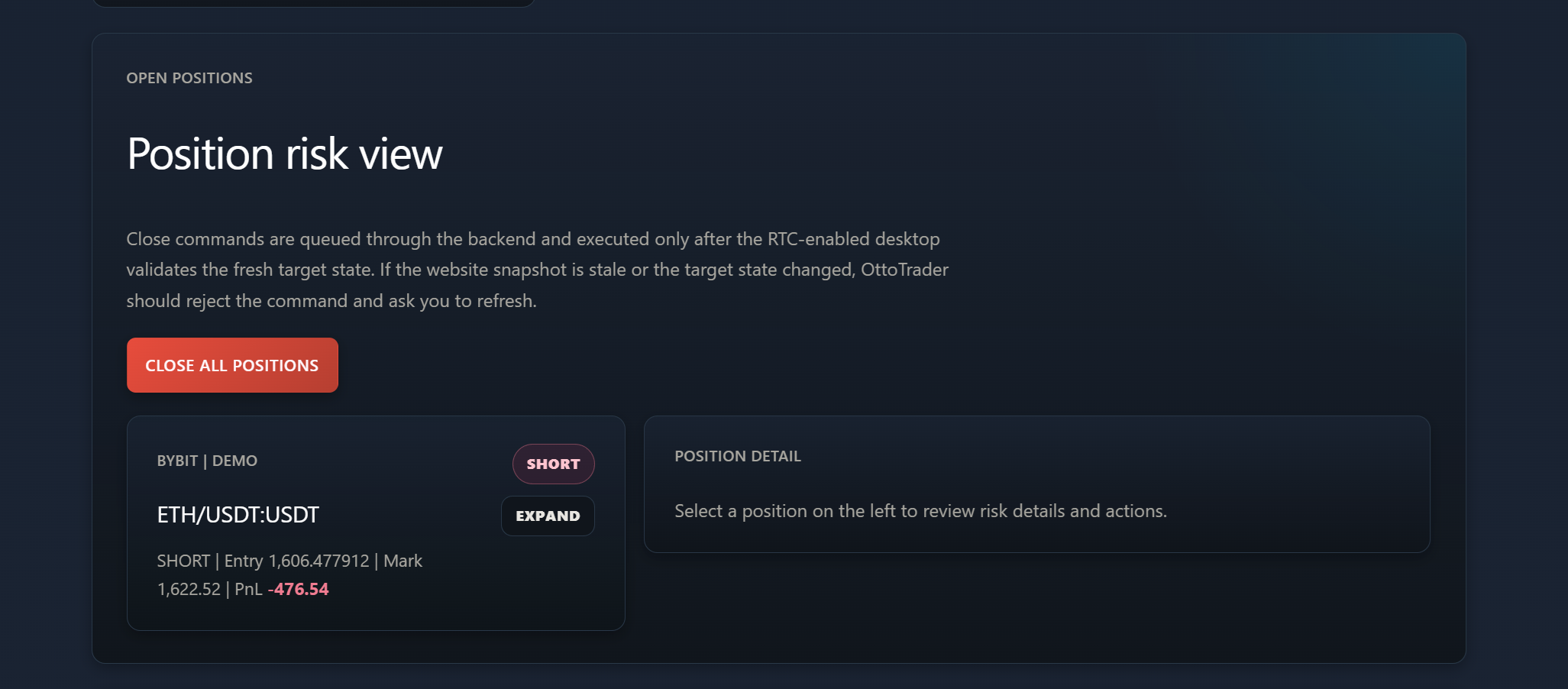 Remote Trading Center open positions in Demo screenshot