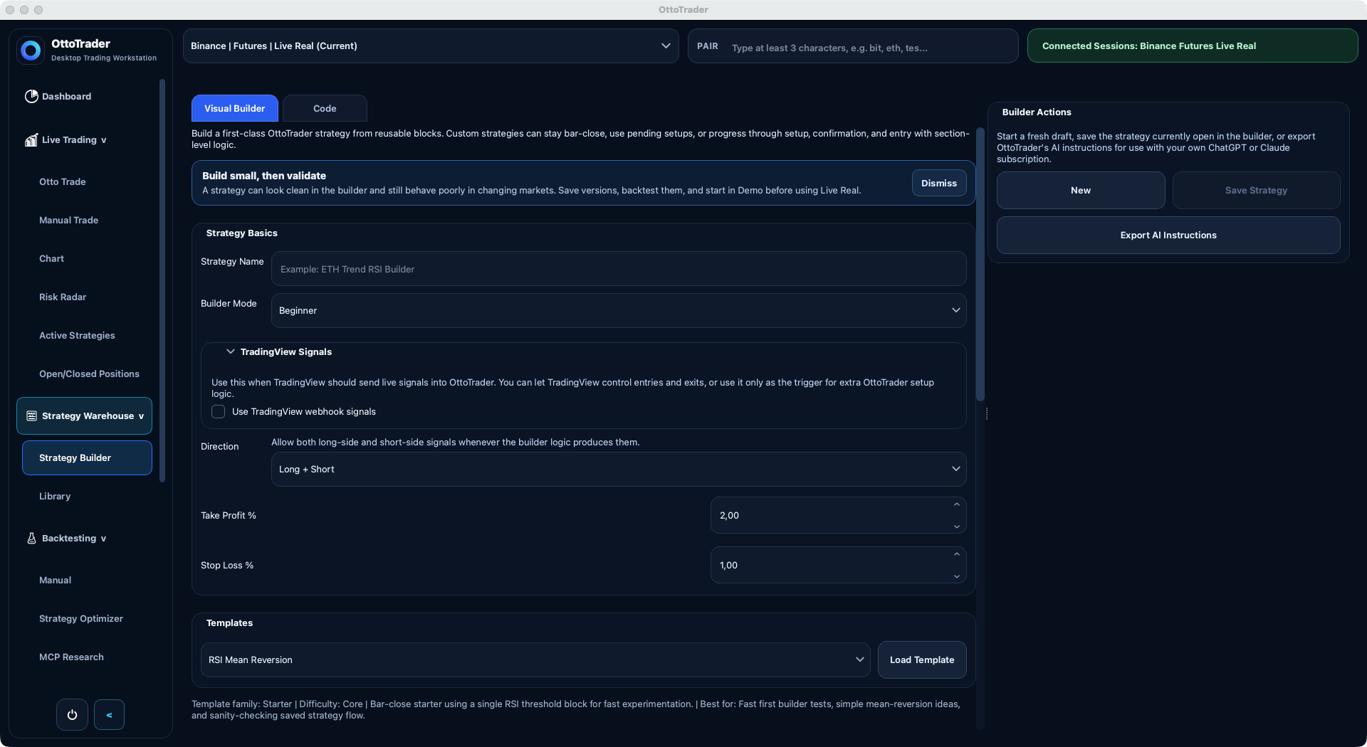 OttoTrader visual strategy builder with starter templates and Export AI Instructions
